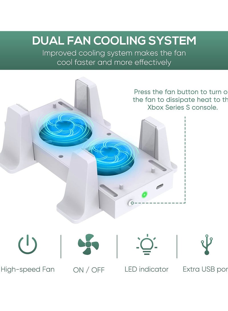Cooling Fan Mount for Xbox Series S - Dual High-Speed Fans with Dock Attachment, Two Mounting Options, Three Adjustable Speeds, and Two Extra USB Ports for Enhanced Performance.