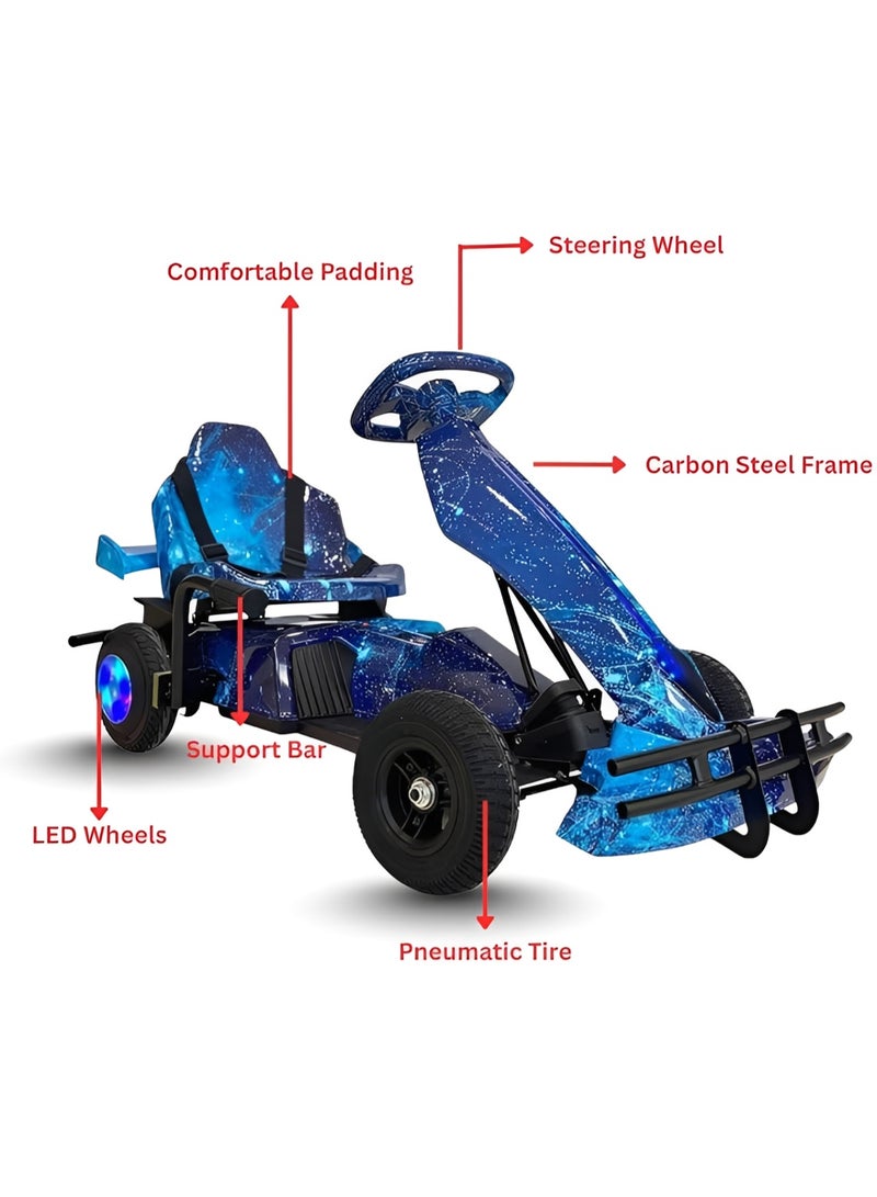 Electric Go Kart for Kids, 250W Motor, 20 KM/H Max Speed, Rechargeable Ride-On Car with Bluetooth Speaker, Blue Carbon Fiber Style - Image 2