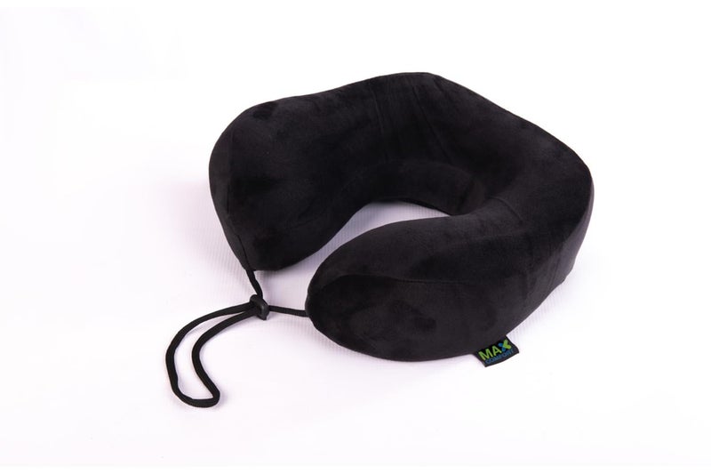 Max Comfort Elevated Memory Foam Travel Neck Pillow - Neck Support Pillow for Airplane, Car, Train - Removable Washable Soft Velvet Cover - Black - Image 1