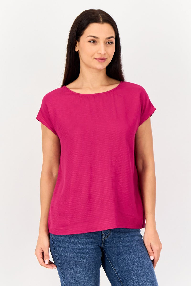 VERO MODA تي شيرت قصير الأكمام بتصميم منسوج من فيرو مودة للنساء، بياقة دائرية، وردي - Image 1