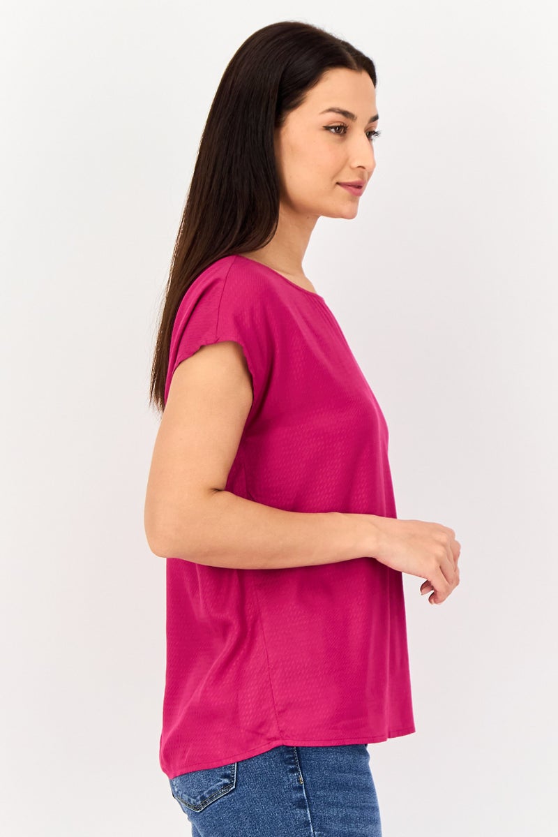 VERO MODA تي شيرت قصير الأكمام بتصميم منسوج من فيرو مودة للنساء، بياقة دائرية، وردي - Image 4