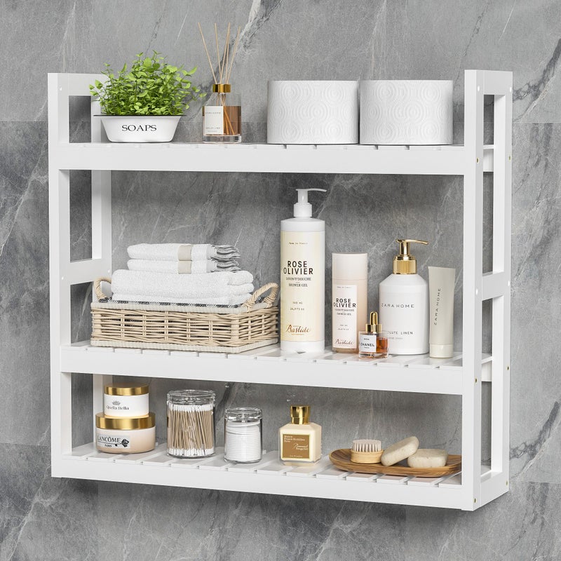 Domax Bathroom Shelves Over Toilet Storage - 3 Tier Wall Mounted Bamboo Bathroom Shelf Organizer Multifunctional Adjustable Layer Free Standing Utility Shelves for Bathroom Living Room Kitchen, White - Image 1