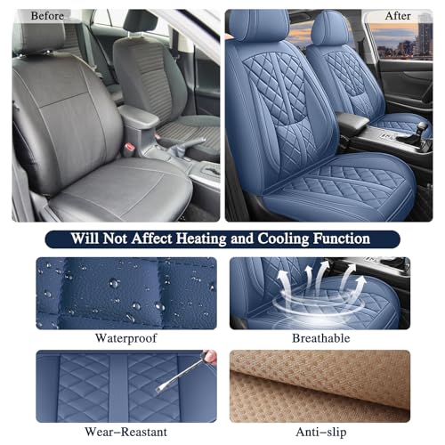 otoez Car Seat Covers Full Set, Blue Leather Seat Cover 5 Seat, Waterproof Automotive Front & Rear Seat Cushion Protector Full Coverage for Most Cars Sedens Trucks SUVs Vans (Blue) - Image 5