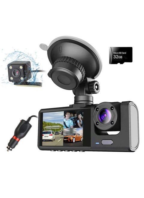 1080P Full HD dash cam front and rear inside, 3 channel dash camera for cars, 2.0 inch IPS screen, loop recording,parking mode