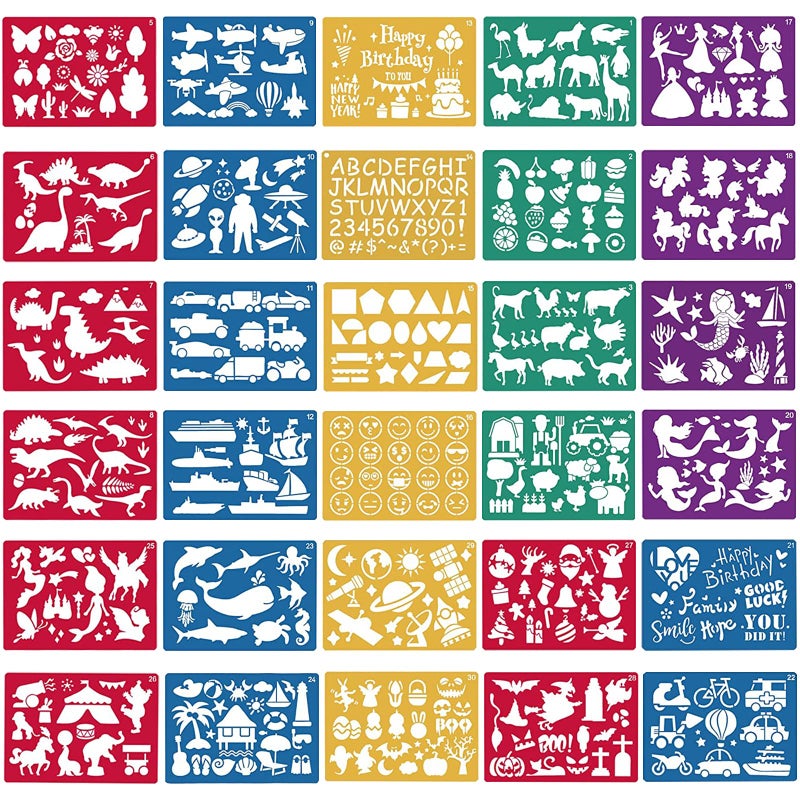 LanMa 30 Pieces Drawing Stencils Set for Kids Plastic Drawing Painting Stencil Templates for Kids Crafts School Art Projects Journal Stencil with 400 Images