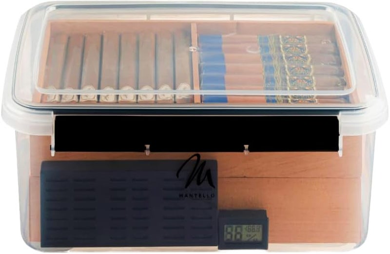 Mantello Cigars Mantello Cigar Tupperdor- Plastic Humidor, Cigar Humidors, Container with 2 Spanish Cedar Trays, Includes Digital Hygrometer and Humidifier, Airtight Cigars Container - Image 1