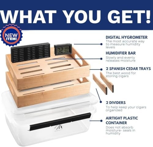 Mantello Cigars Mantello Cigar Tupperdor- Plastic Humidor, Cigar Humidors, Container with 2 Spanish Cedar Trays, Includes Digital Hygrometer and Humidifier, Airtight Cigars Container - Image 2