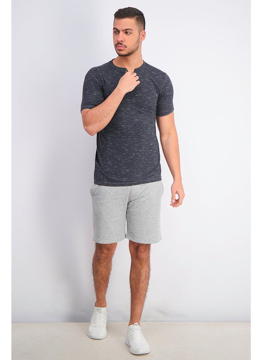 Company Eighty One - Men Heather Print Split Neck Short Sleeve T-shirt, Black - Image 1