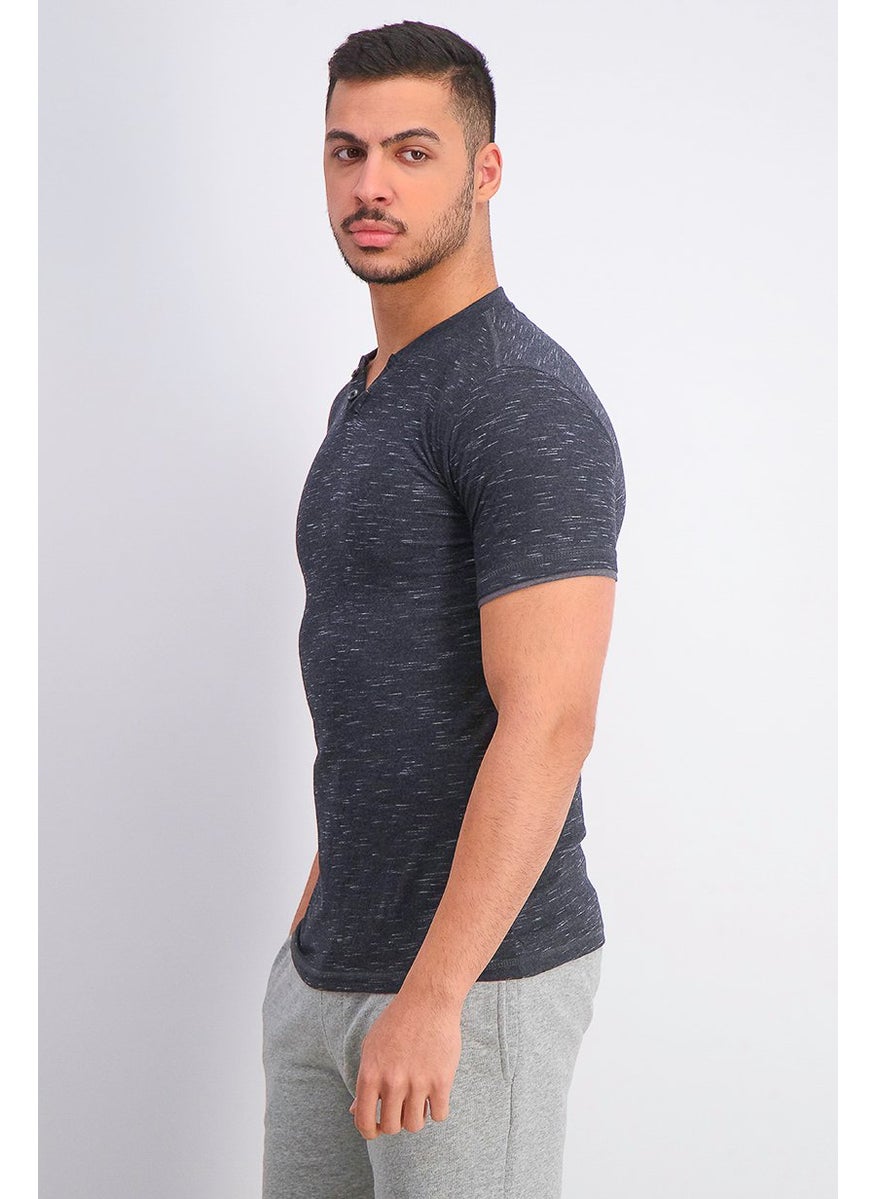 Company Eighty One - Men Heather Print Split Neck Short Sleeve T-shirt, Black - Image 1