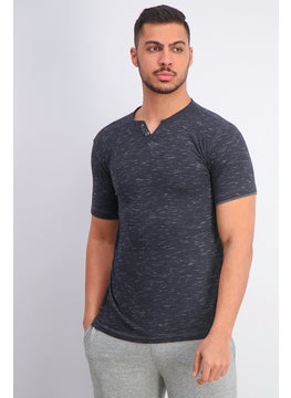 Men Heather Print Split Neck Short Sleeve T-shirt, Black