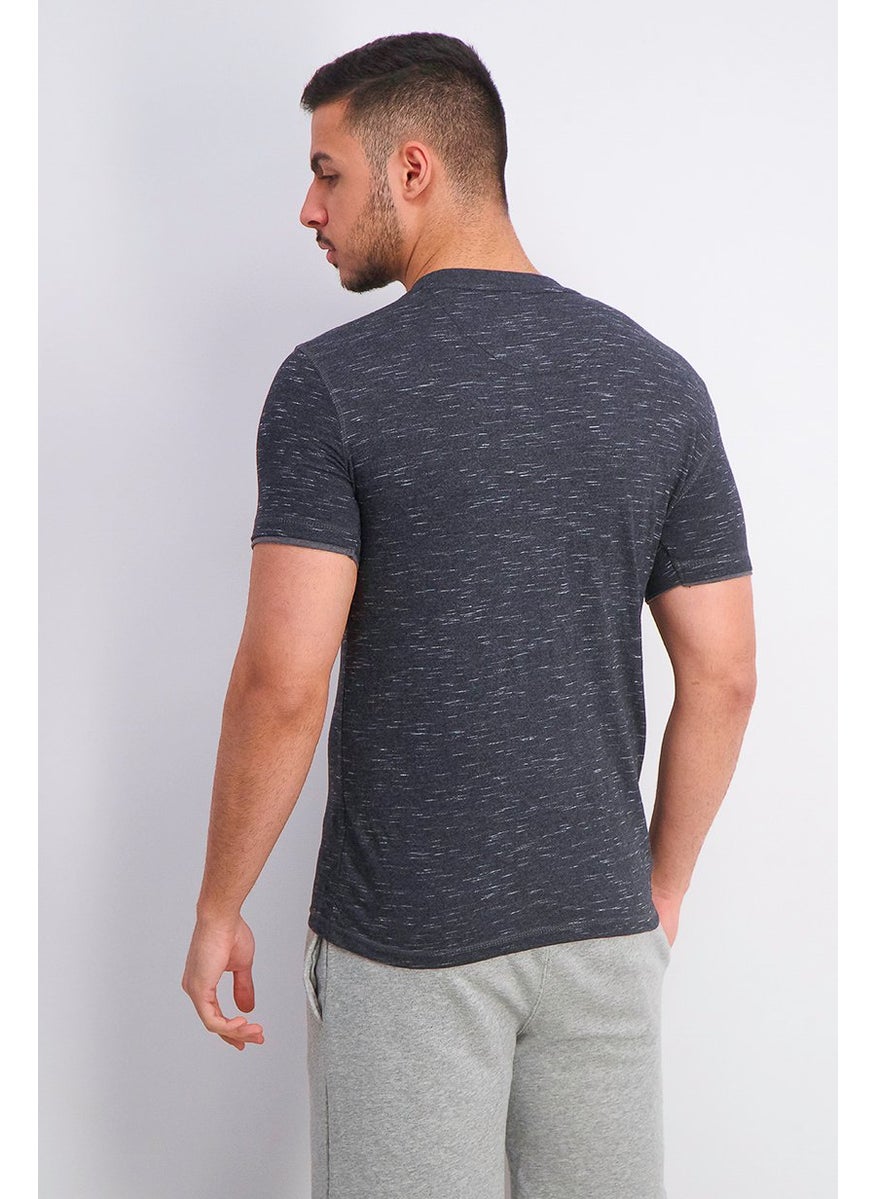 Company Eighty One - Men Heather Print Split Neck Short Sleeve T-shirt, Black - Image 1