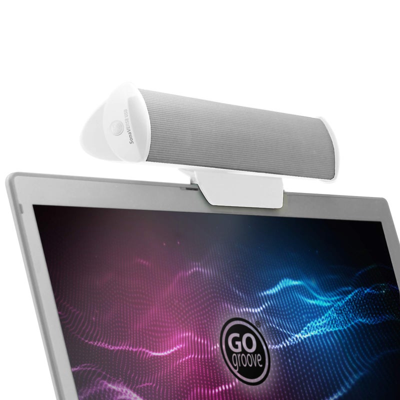 GoGroove مكبرات صوت GOgroove SonaVERSE USB لجهاز الكمبيوتر المحمول - شريط صوتي صغير يعمل بالطاقة من USB مع تصميم مكبر صوت خارجي محمول قابل للتثبيت على الشاشة، كابل واحد لإدخال الصوت الرقمي والطاقة (أبيض) - Image 1
