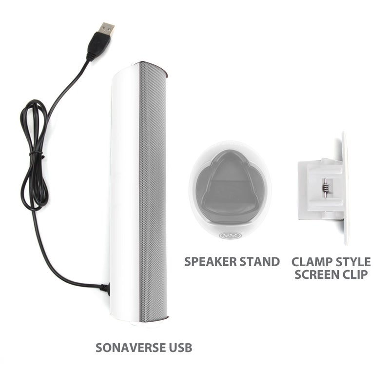 GoGroove مكبرات صوت GOgroove SonaVERSE USB لجهاز الكمبيوتر المحمول - شريط صوتي صغير يعمل بالطاقة من USB مع تصميم مكبر صوت خارجي محمول قابل للتثبيت على الشاشة، كابل واحد لإدخال الصوت الرقمي والطاقة (أبيض) - Image 2