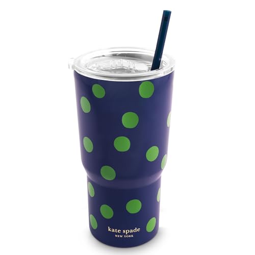kate spade new york 20 Ounce Insulated Tumbler for Cold and Hot Drinks with Reusable Straw, Stainless Steel Travel Cup with Slide Top Lid, Sonnet Dot - Image 1
