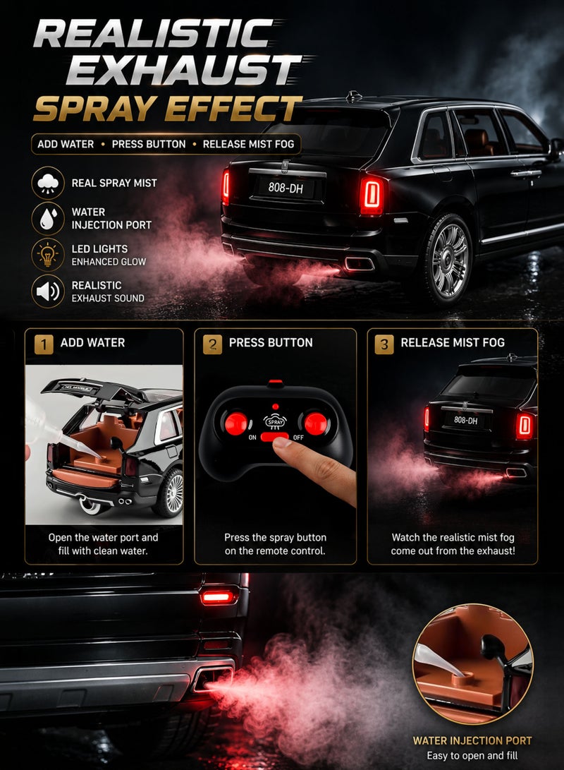 FUNSTERZ 1:22 Scale Luxury Spray Edition RC SUV Die-Cast Alloy Model Car with Realistic Exhaust Mist Fog Effect, LED Headlights, Engine Sound, Openable Doors Hood & Rear Trunk, 2.4GHz Rechargeable Remote Control Vehicle, Premium Collectible Toy Car for Kids Boys Girls & Collectors Black - Image 3