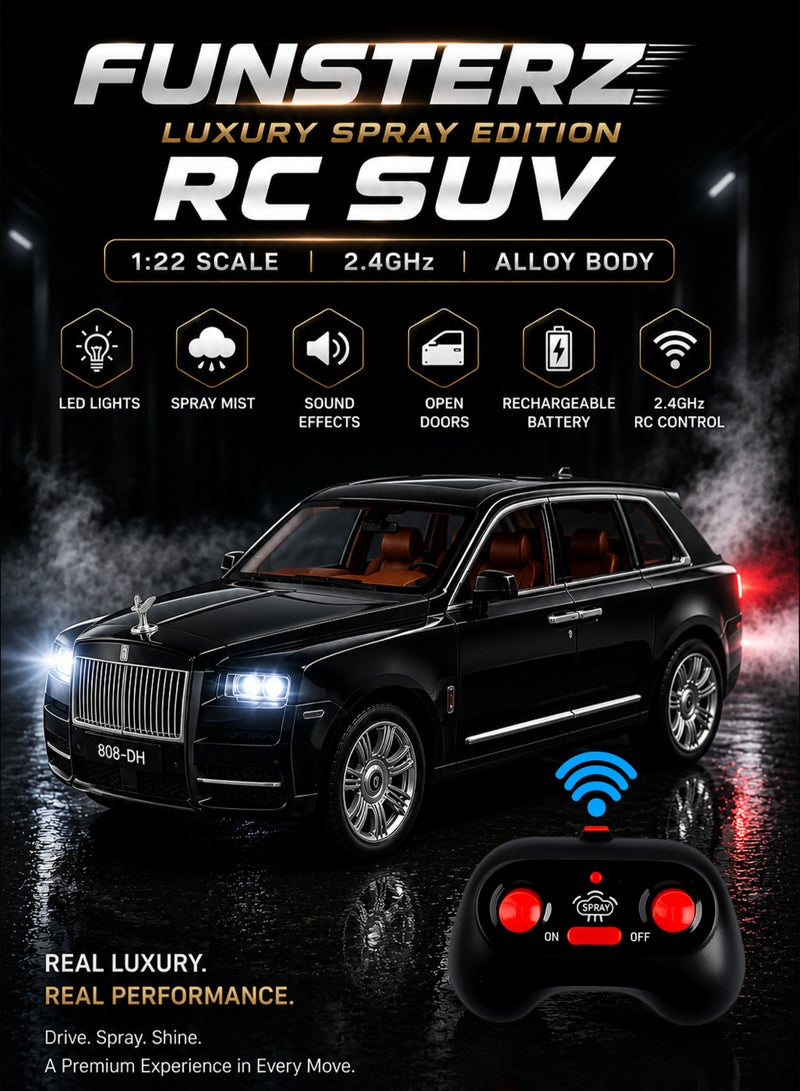 FUNSTERZ 1:22 Scale Luxury Spray Edition RC SUV Die-Cast Alloy Model Car with Realistic Exhaust Mist Fog Effect, LED Headlights, Engine Sound, Openable Doors Hood & Rear Trunk, 2.4GHz Rechargeable Remote Control Vehicle, Premium Collectible Toy Car for Kids Boys Girls & Collectors Black - Image 1