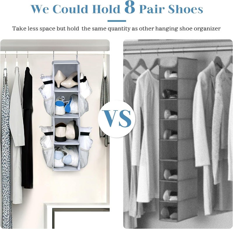 SLEEPING LAMB Short Hanging Shoe Organizer for Closet Storage with Mesh Side Pockets Holds 8 Pairs, Hanging Shoe Rack Hanger RV, Camper, Grey - Image 2
