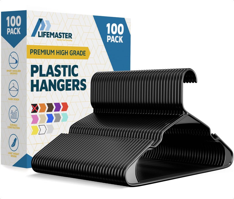 Lifemaster Plastic Clothes Hanger Set - 100 Pieces Versatile, Lightweight, Space-Saving, Non-Slip, Slim Designed, Dry and Wet Clothes Hanger Set - Black - Image 1