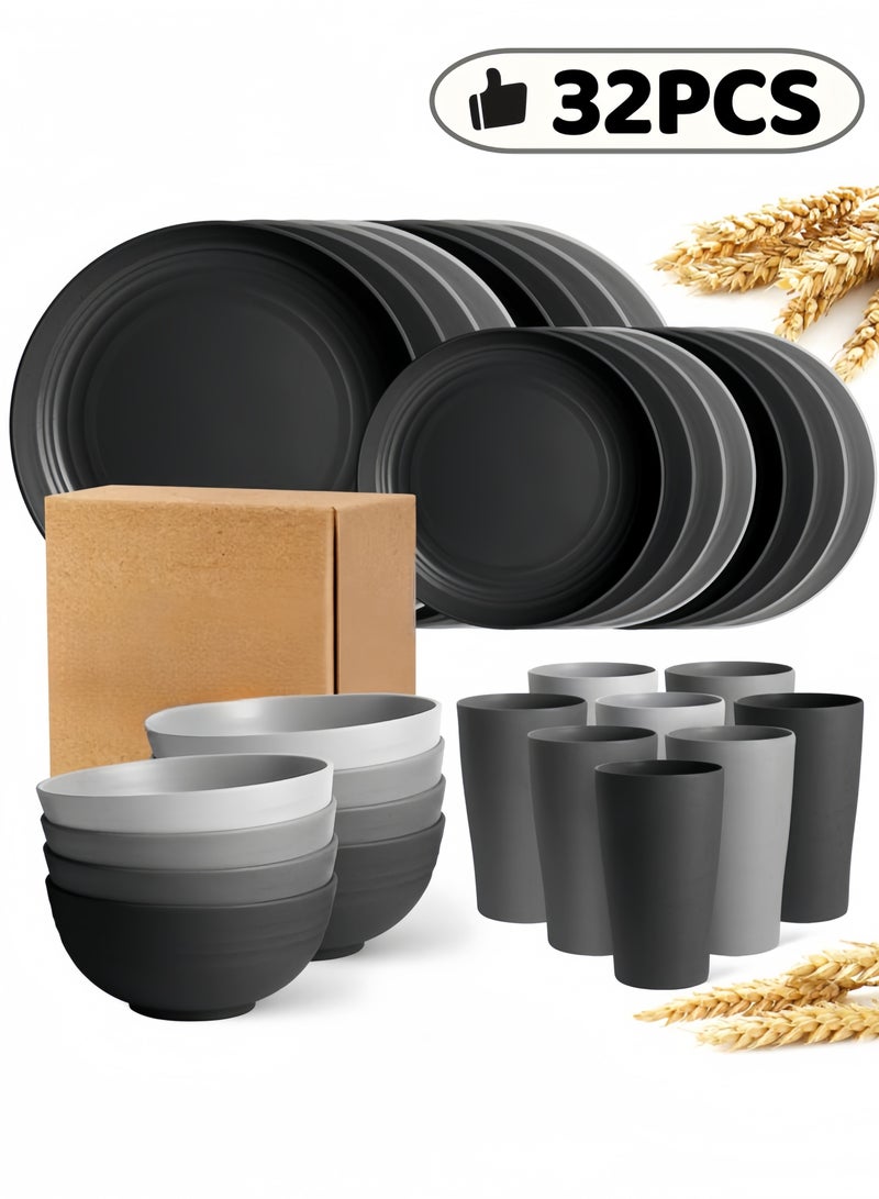 nihao طقم عشاء مكون من 32 قطعة، أطباق وأوعية من قش القمح، أكواب، أدوات مائدة، خدمة لـ 8 أشخاص، أطباق عشاء، طبق حلوى، أطباق حبوب، أكواب، أدوات مائدة بلاستيكية ملونة غير قابلة للكسر، مناسبة للتخييم في الهواء الطلق، متعددة الألوان الساحلية - Image 1