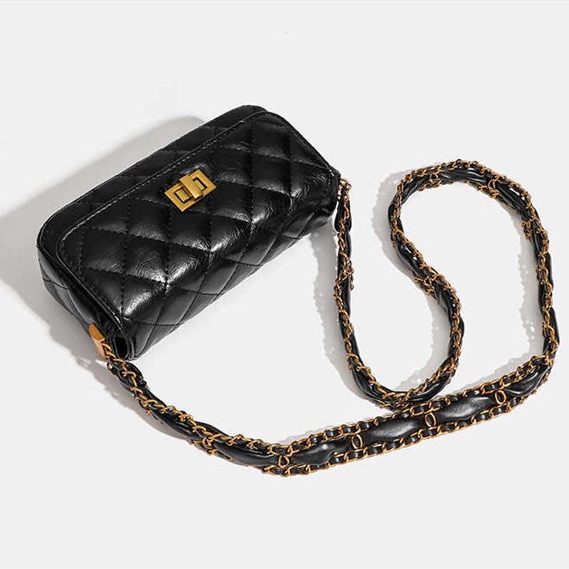 Trendy Internet Celebrity Ins New Style Small Fragrant Rhombic Style Black Gold Castle Chain Small Square Bag Single Shoulder Crossbody All-Match Women'S Bag - Image 5