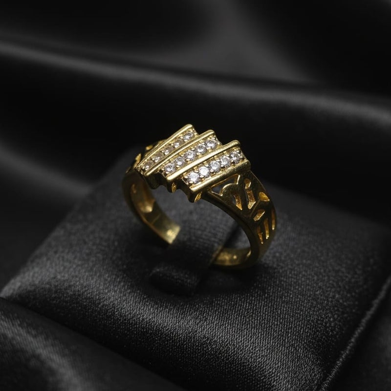 A stylish gold ring with a modern design. It features decorative side patterns and three diagonal lines adorned with sparkling zircon stones, and is open to fit all sizes. - Image 5