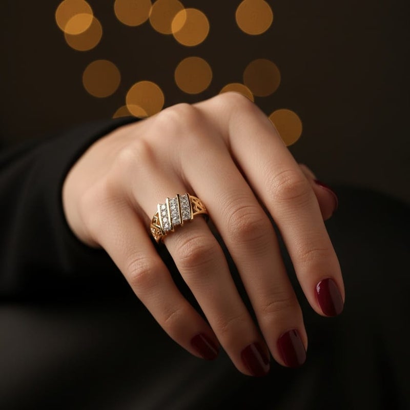 A stylish gold ring with a modern design. It features decorative side patterns and three diagonal lines adorned with sparkling zircon stones, and is open to fit all sizes. - Image 4