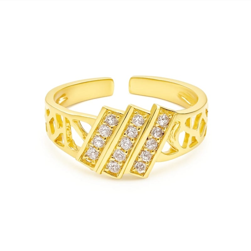 A stylish gold ring with a modern design. It features decorative side patterns and three diagonal lines adorned with sparkling zircon stones, and is open to fit all sizes. - Image 1