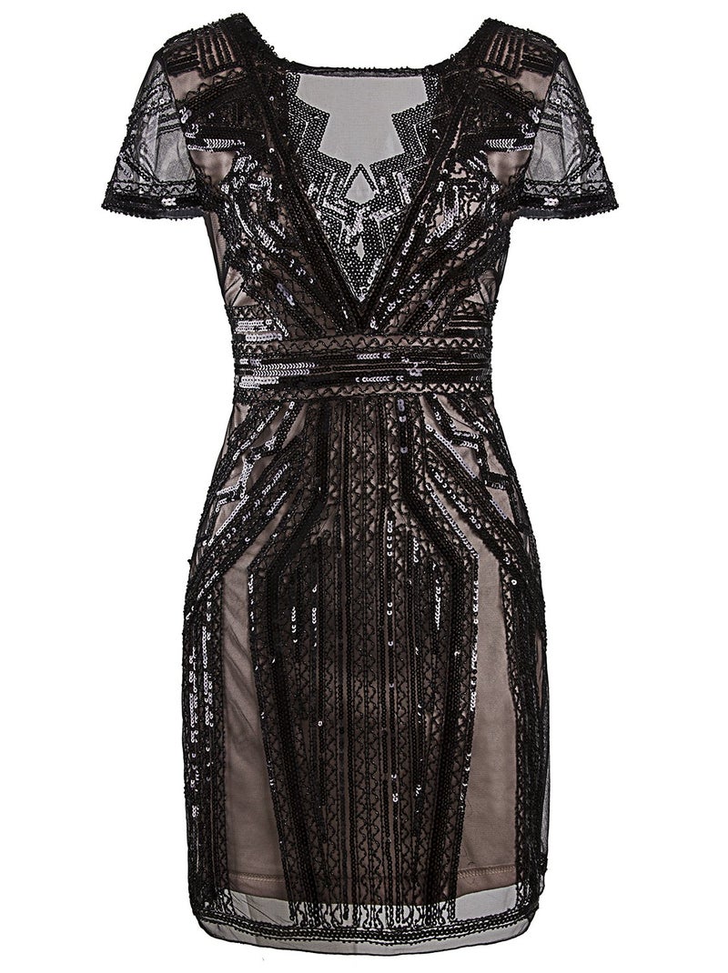 Vijiv 1920s Short Prom Dresses V Neck Inspired Sequins Cocktail Flapper Dress,Black Beige,XL - Image 1