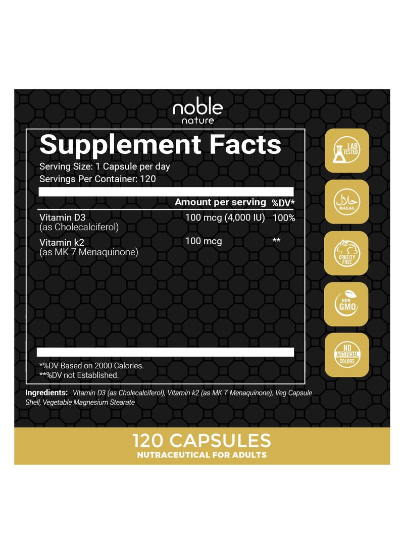 noble nature Vitamin D3 + K2, 2 in 1 Formula, Vitamin K2 as MK7, Supports Bone Health - 120 Veg Capsules  - Image 2