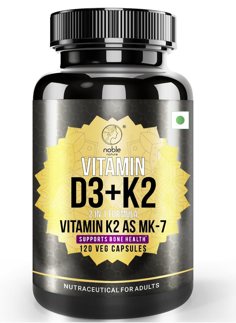 noble nature Vitamin D3 + K2, 2 in 1 Formula, Vitamin K2 as MK7, Supports Bone Health - 120 Veg Capsules  - Image 1