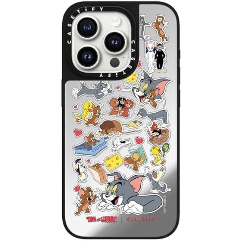 Casetify Mirror Case for iPhone 15 Pro 【Tom and Jerry Colab/Reflective / 4.9ft Drop Protection/Compatible with Magsafe】 - Family Sticker - Silver on Black - Image 2