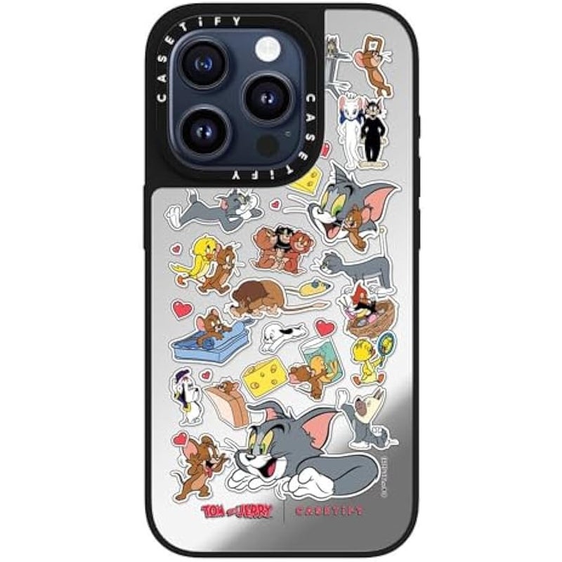 Casetify Mirror Case for iPhone 15 Pro 【Tom and Jerry Colab/Reflective / 4.9ft Drop Protection/Compatible with Magsafe】 - Family Sticker - Silver on Black - Image 1