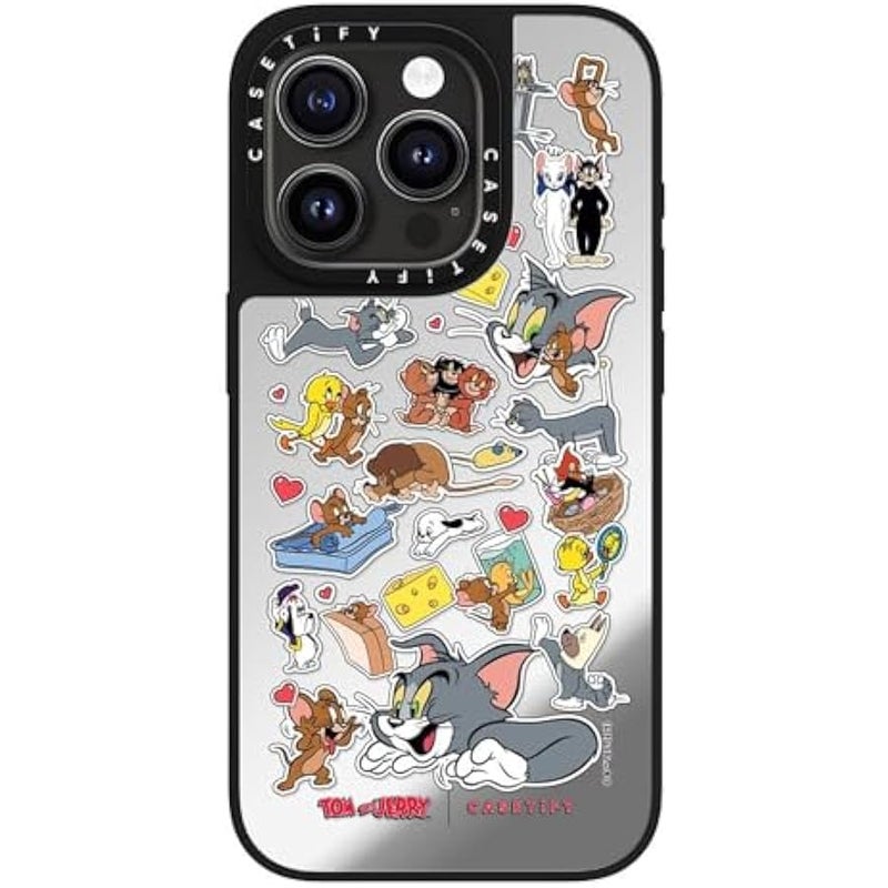 Casetify Mirror Case for iPhone 15 Pro 【Tom and Jerry Colab/Reflective / 4.9ft Drop Protection/Compatible with Magsafe】 - Family Sticker - Silver on Black - Image 3