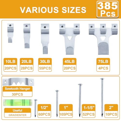 KURUI Picture Hanging Kit for Wall Decor, Frame, Painting, Art, Photo, 385Pcs Picture Hangers with Heavy Duty Hooks, Sawtooth, Hardware Nails, Wall Hangers for Bedroom Office Classroom (Silver) - Image 3