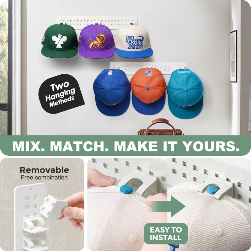 Hatisan 2 Pack Hat Organizer for Baseball Caps, Detachable DIY Hat Rack for Wall Hat Holder Hold up to 22 Hats, Baseball Cap Organizer Cap Holder Hat Hangers for Wall Closet Door Bedroom (C-White) - Image 4