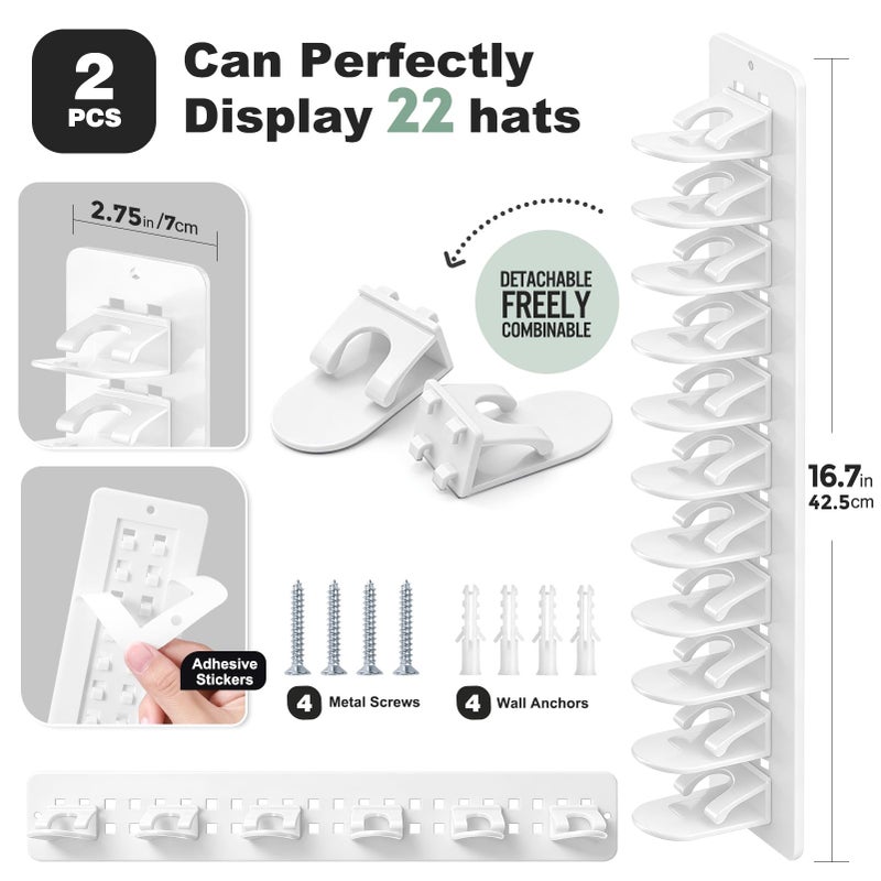 Hatisan 2 Pack Hat Organizer for Baseball Caps, Detachable DIY Hat Rack for Wall Hat Holder Hold up to 22 Hats, Baseball Cap Organizer Cap Holder Hat Hangers for Wall Closet Door Bedroom (C-White) - Image 2