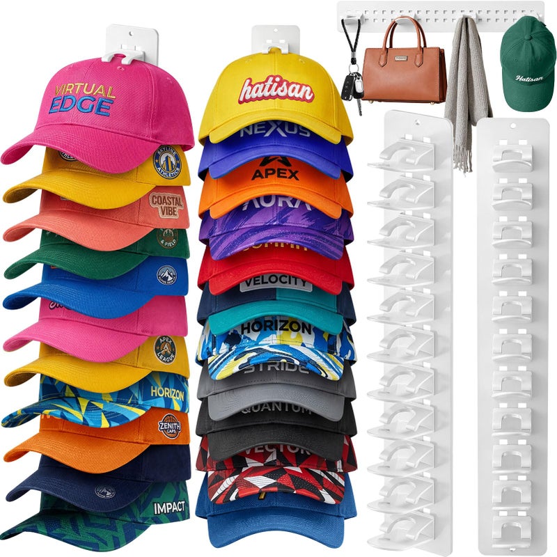 Hatisan 2 Pack Hat Organizer for Baseball Caps, Detachable DIY Hat Rack for Wall Hat Holder Hold up to 22 Hats, Baseball Cap Organizer Cap Holder Hat Hangers for Wall Closet Door Bedroom (C-White) - Image 1
