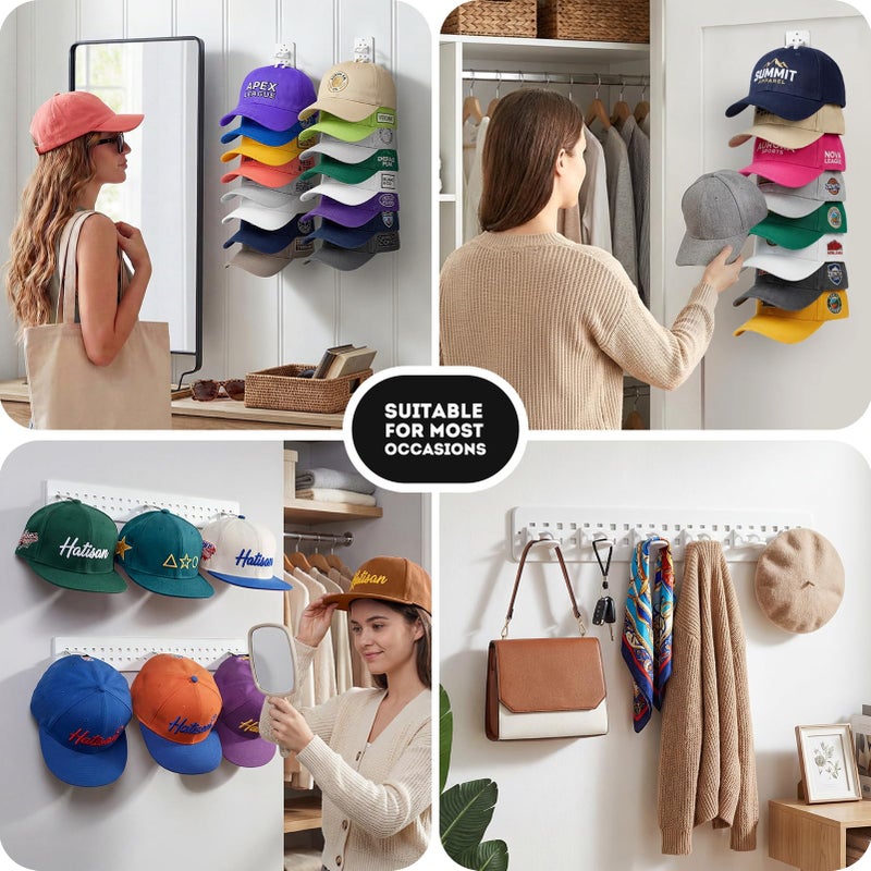 Hatisan 2 Pack Hat Organizer for Baseball Caps, Detachable DIY Hat Rack for Wall Hat Holder Hold up to 22 Hats, Baseball Cap Organizer Cap Holder Hat Hangers for Wall Closet Door Bedroom (C-White) - Image 5