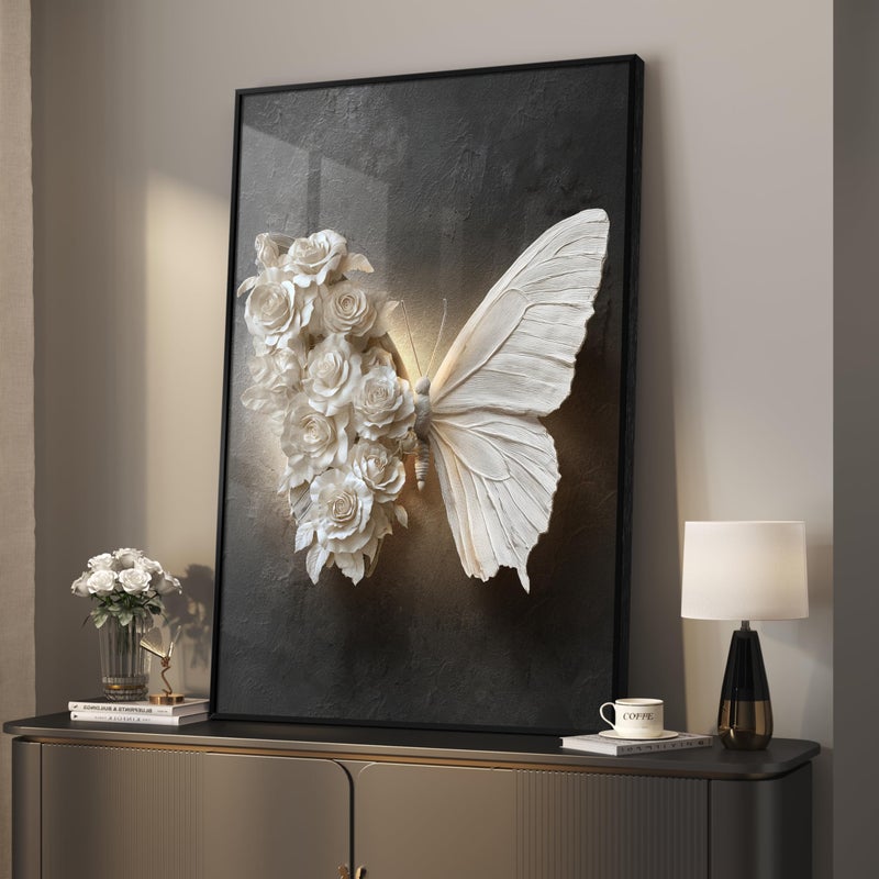 Cuspin Framed Black and White Butterfly Wall Art, Modern Elegant Prints Paintings Artwork for Walls, Romantic Butterfly and Floral Pictures for Living Room Dining Room Bedroom Lounge Wall Decor 24x36 In - Image 1