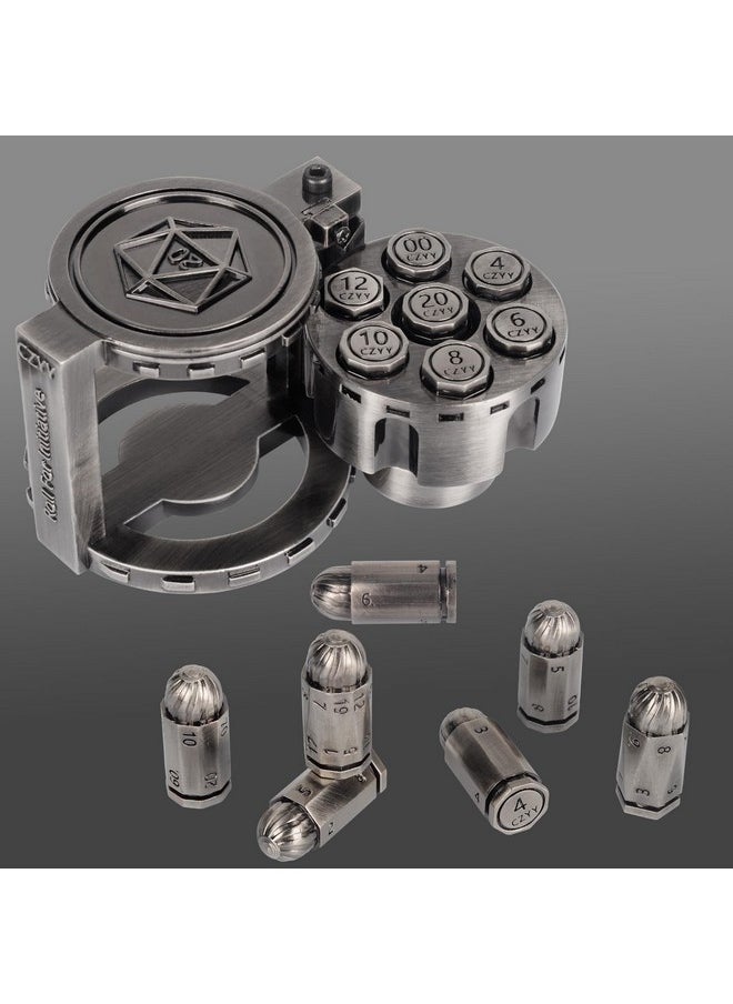 CZYY - Metal Polyhedral Bullet Dice Set Of 7 With Spinning Revolver Cylinder Container Cyberpunk Style Dice For Warhammer 40K D&D Scifi War Or Crime Theme Tabletop Games (Sliver) - Image 1