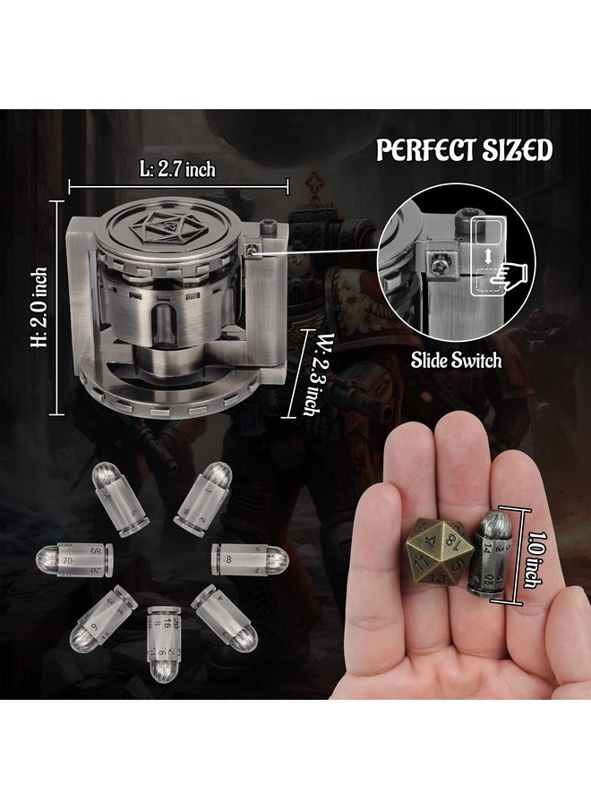 CZYY - Metal Polyhedral Bullet Dice Set Of 7 With Spinning Revolver Cylinder Container Cyberpunk Style Dice For Warhammer 40K D&D Scifi War Or Crime Theme Tabletop Games (Sliver) - Image 1