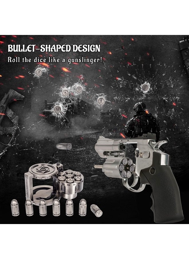 CZYY - Metal Polyhedral Bullet Dice Set Of 7 With Spinning Revolver Cylinder Container Cyberpunk Style Dice For Warhammer 40K D&D Scifi War Or Crime Theme Tabletop Games (Sliver) - Image 1