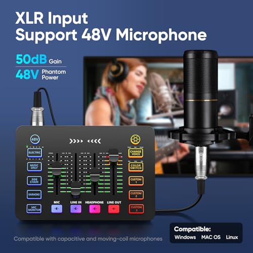 Mypin Gaming Audio Mixer with RGB, Streaming/PC Mixer with XLR Microphone Interface, 6 Voice Changing Modes Individual Control, Mute Button,48V Phantom Power - Image 2