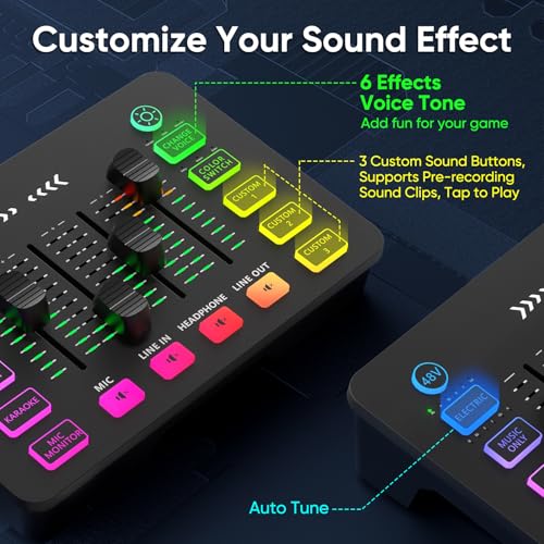 Mypin Gaming Audio Mixer with RGB, Streaming/PC Mixer with XLR Microphone Interface, 6 Voice Changing Modes Individual Control, Mute Button,48V Phantom Power - Image 5