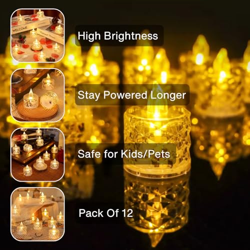 VERVENIX 12 Pcs LED Tea Light Candles | Flameless & Smokeless Acrylic Diyas | Battery-Operated | Warm White 3cm Candles for Diwali, Festive, Wedding, Party & Christmas Décor (Pack of 12) - Image 5