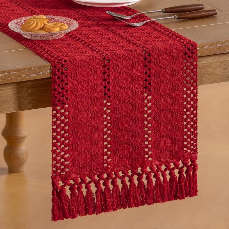Socomi Boho Table Runner Valentine's Day Farmhouse Rustic Dining Kitchen Centerpiece Decor Small Macrame Woven Cotton Linen Coffee Table Runner for Dresser Scarf Home Decor 12x60 in Red - Image 4