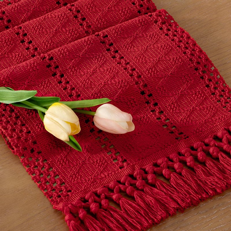 Socomi Boho Table Runner Valentine's Day Farmhouse Rustic Dining Kitchen Centerpiece Decor Small Macrame Woven Cotton Linen Coffee Table Runner for Dresser Scarf Home Decor 12x60 in Red - Image 1