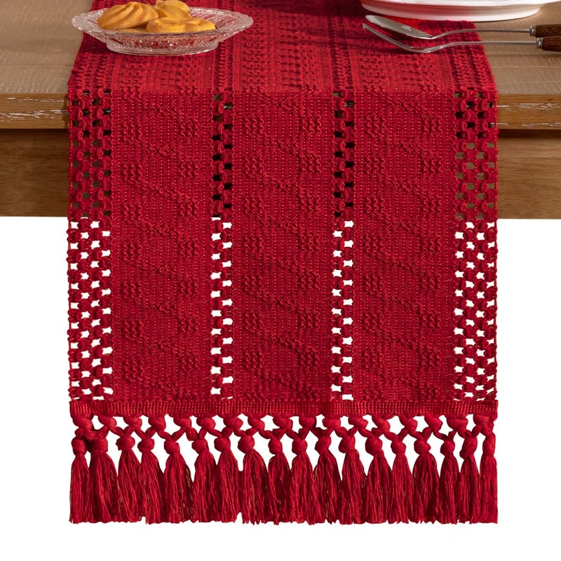 Socomi Boho Table Runner Valentine's Day Farmhouse Rustic Dining Kitchen Centerpiece Decor Small Macrame Woven Cotton Linen Coffee Table Runner for Dresser Scarf Home Decor 12x60 in Red - Image 3