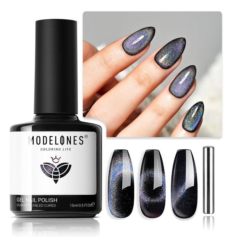 modelones Cat Eye Rainbow Gel Nail Polish Silver Glitter Holographic Glass 9D Cat Eye Gel Polish with Magnet Stick Soak Off U V Nail Lamp Summer Nail Art Top Coat Manicure Salon DIY Home 15 ML - Image 1