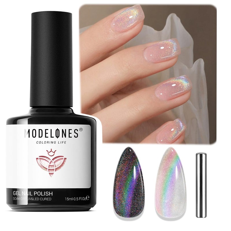 modelones Cat Eye Rainbow Gel Nail Polish Silver Glitter Holographic Glass 9D Cat Eye Gel Polish with Magnet Stick Soak Off U V Nail Lamp Summer Nail Art Top Coat Manicure Salon DIY Home 15 ML - Image 2